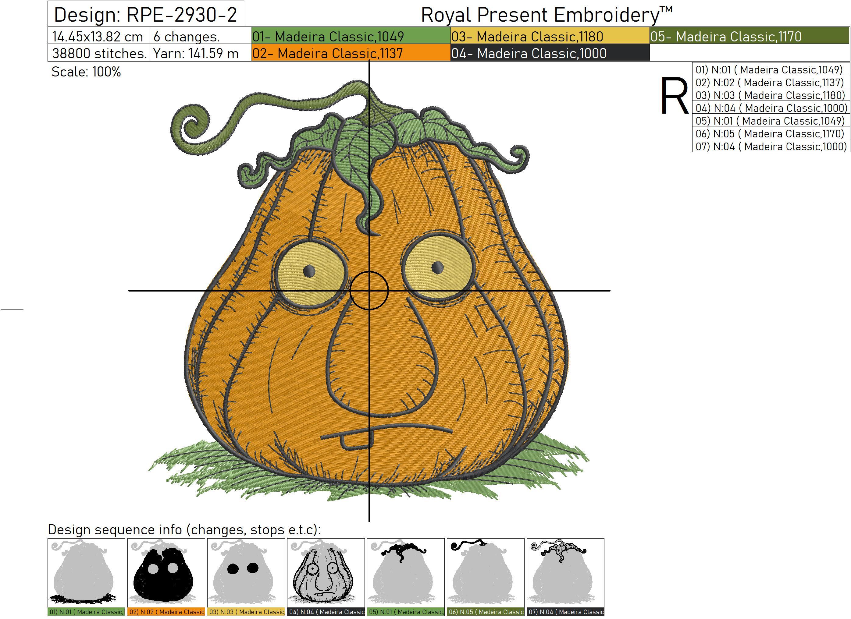 Surprised Pumpkin Machine Embroidery Design 2 Sizes Royal Present