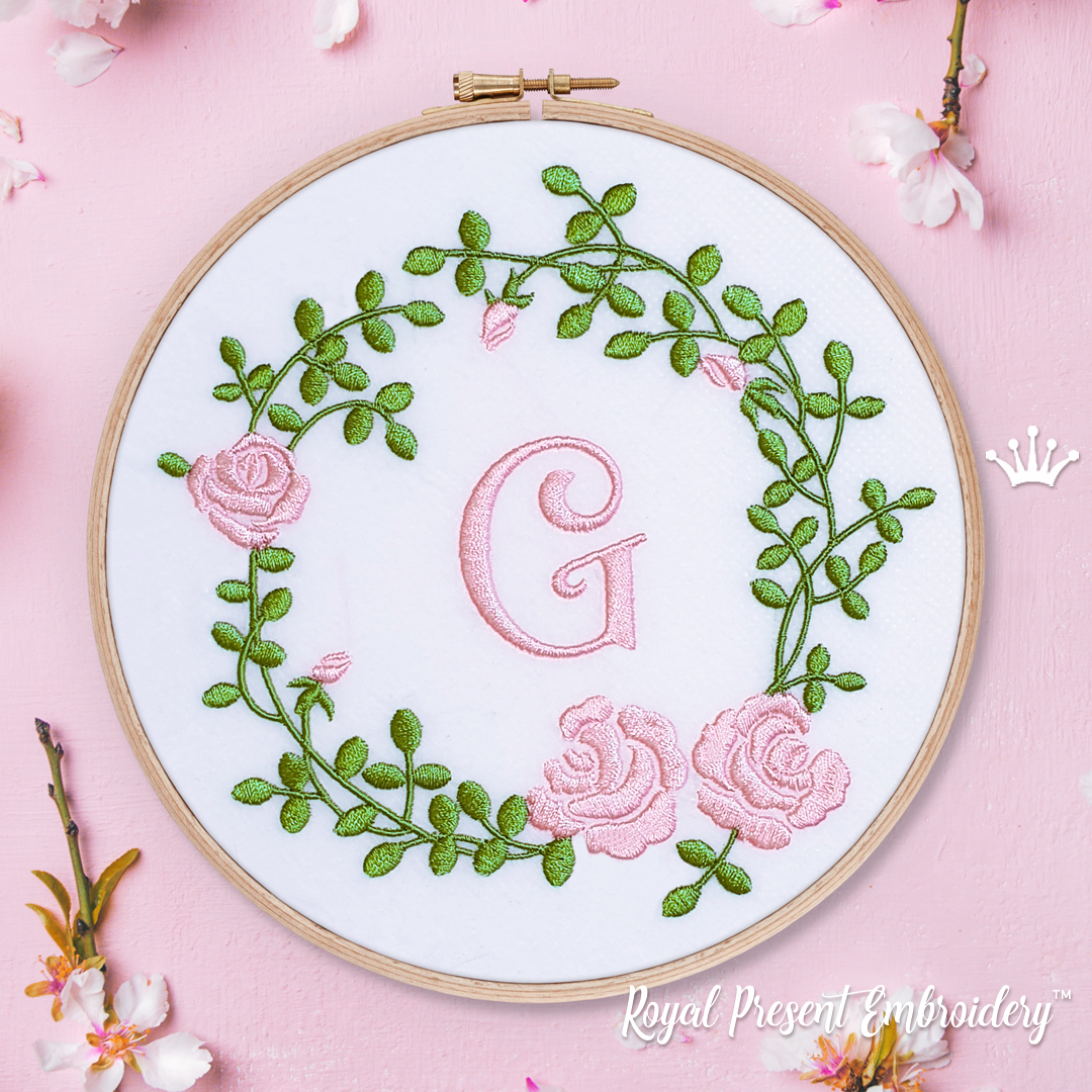 Rose Floral Bow Circle Monogram Frame Roses Machine Embroidery Design