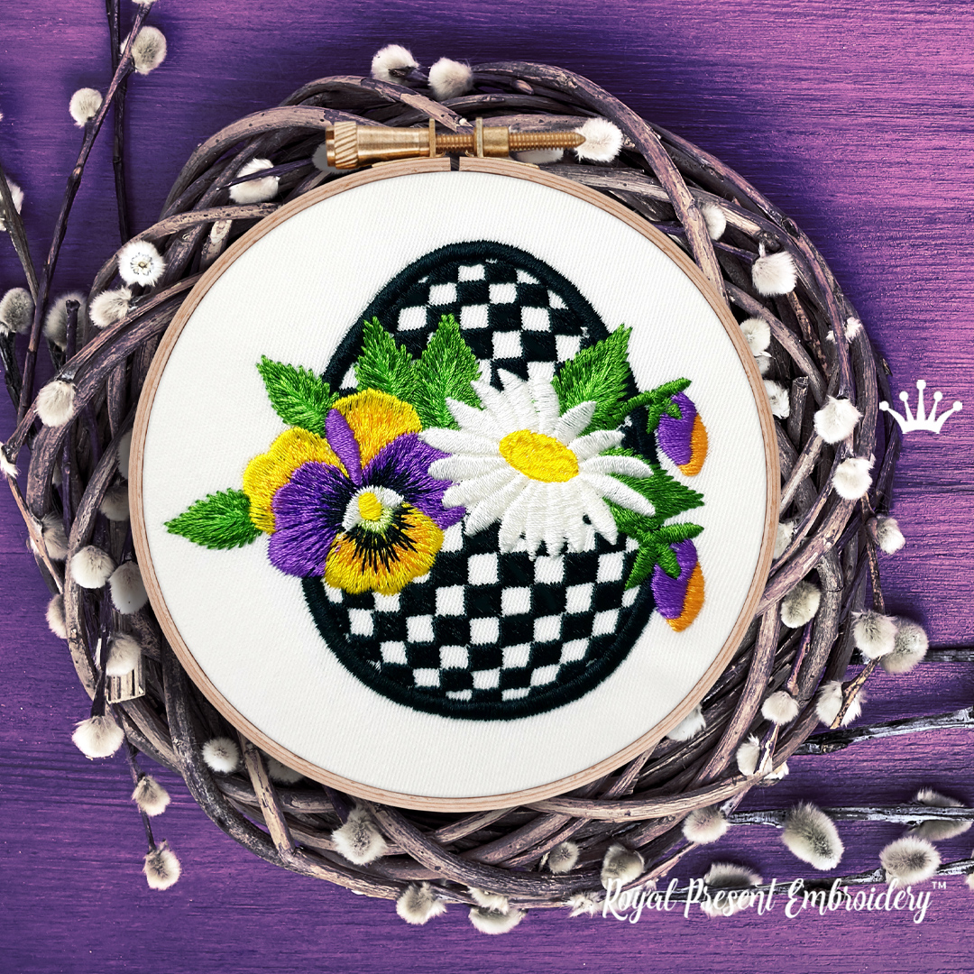 Checkered Egg with Pansies Applique Machine Embroidery Design 2 sizes