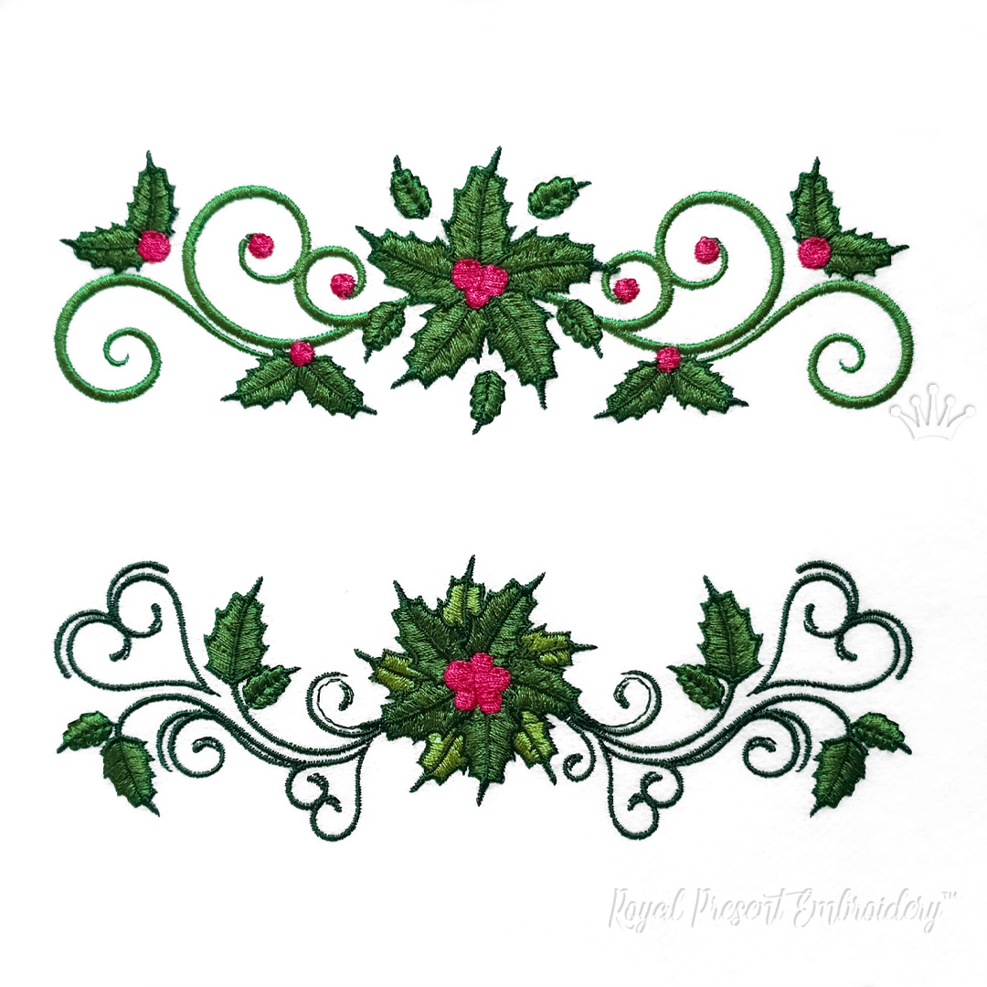 Christmas Holly Borders Machine Embroidery Files | Royal Present Embroidery