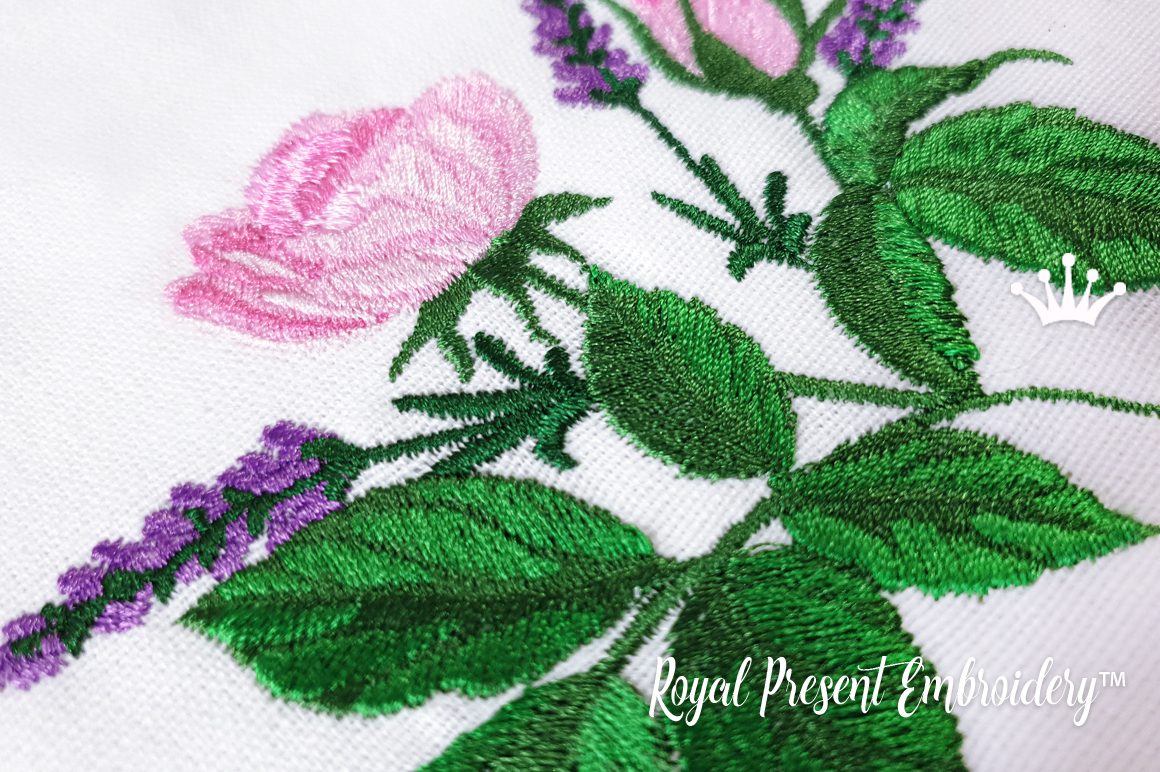 Rose Flower with Lavender Machine Embroidery design - 3 sizes