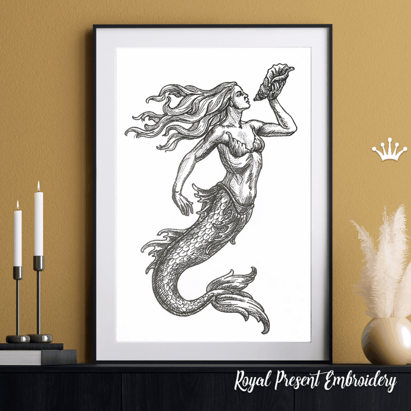 Mermaid with Shell Machine Embroidery Design 5 sizes Royal Present Embroidery