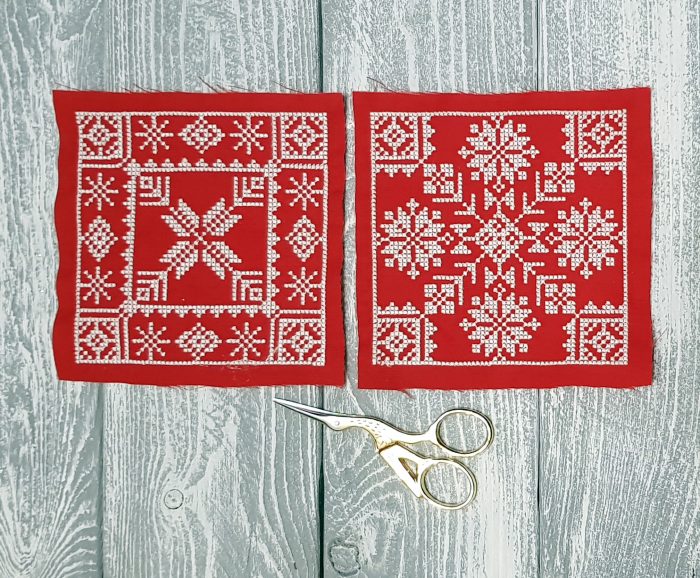 1. Now then take two ornaments 100x100 mm for a base. Embroider and cut it off, retreating approximately 1/3-1/6 Inch from the edge.