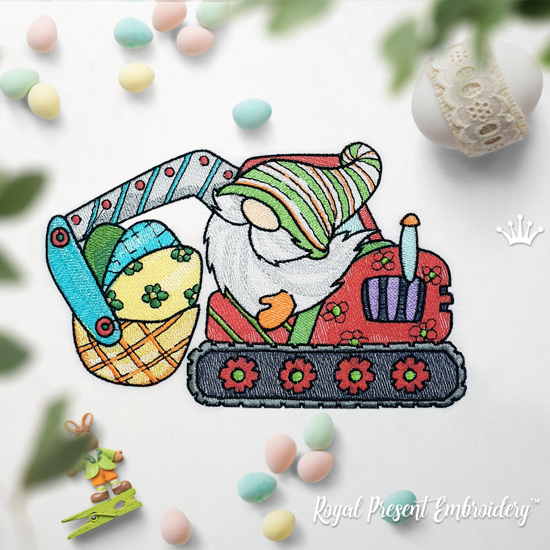 Easter Gnome on an excavator Machine Embroidery Design
