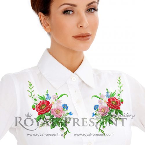 Machine Embroidery Design Colorful floral pattern with dog rose, poppy, chamomile and cornflowers