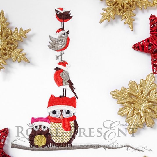 Machine Embroidery Design Cute Christmas Owls and bird