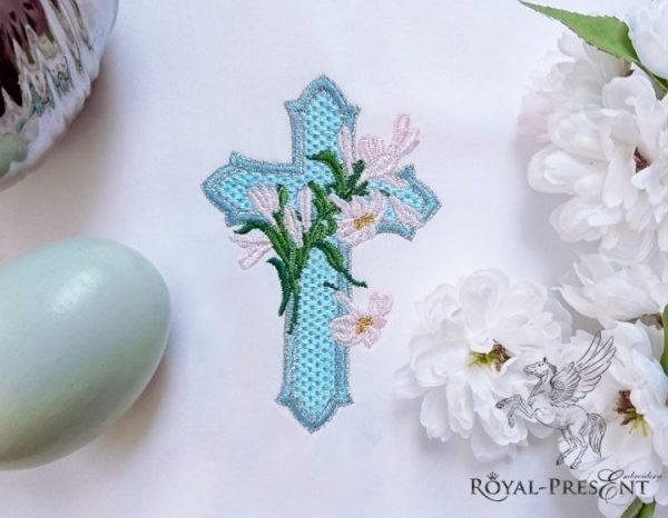 Machine Embroidery Design Blue Easter Cross with lilies