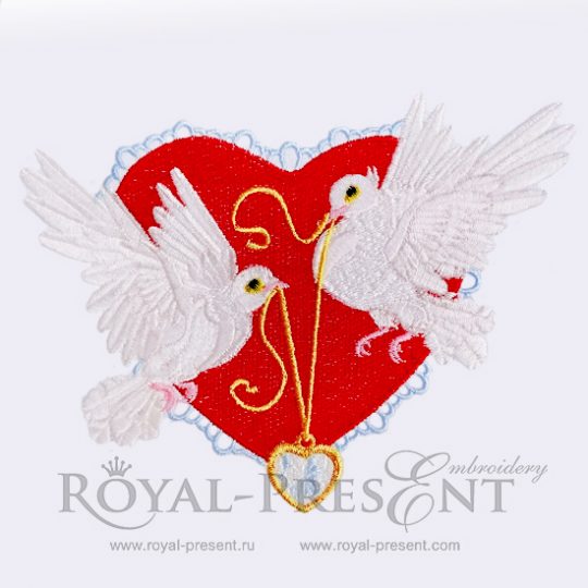 Valentines day embroidery design Two white pigeons and golden heart