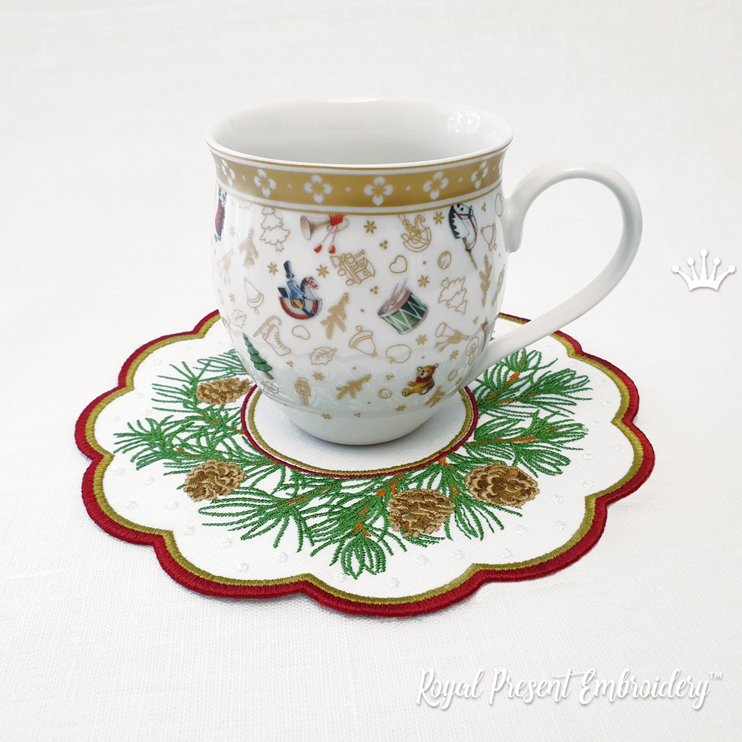 Pine tree with cones table placemat ITH machine embroidery design