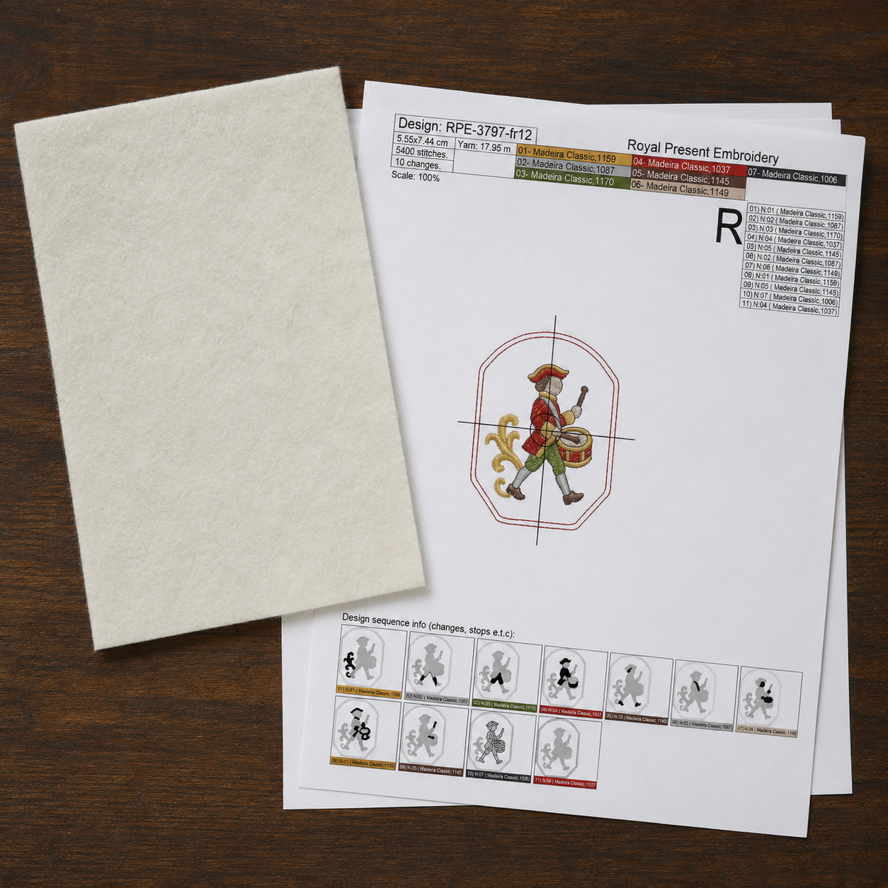 Materials and printed template for a raw-edge drummer ITH Christmas ornament