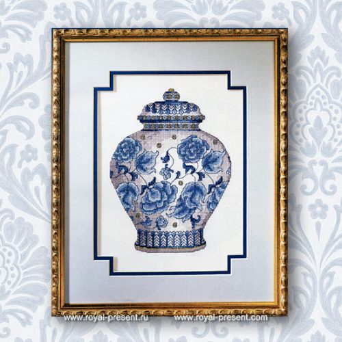 Cross-stitch machine embroidery design Chinese vase