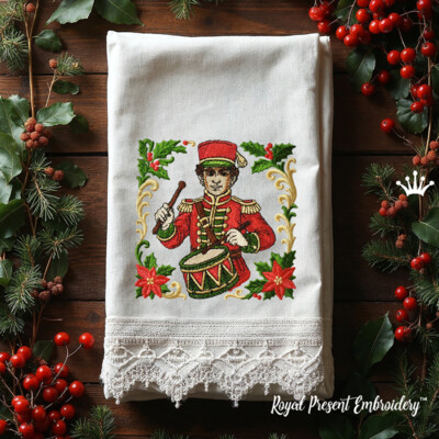 Piper Piping Boy Twelve Days of Christmas machine embroidery design on a festive towel