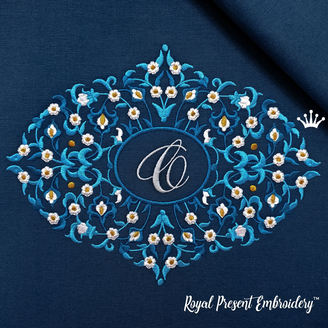 Blue Eastern blank monogram machine embroidery design in four sizes