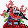 Bullfinch sits on a red car Machine Embroidery Design - 3 sizes