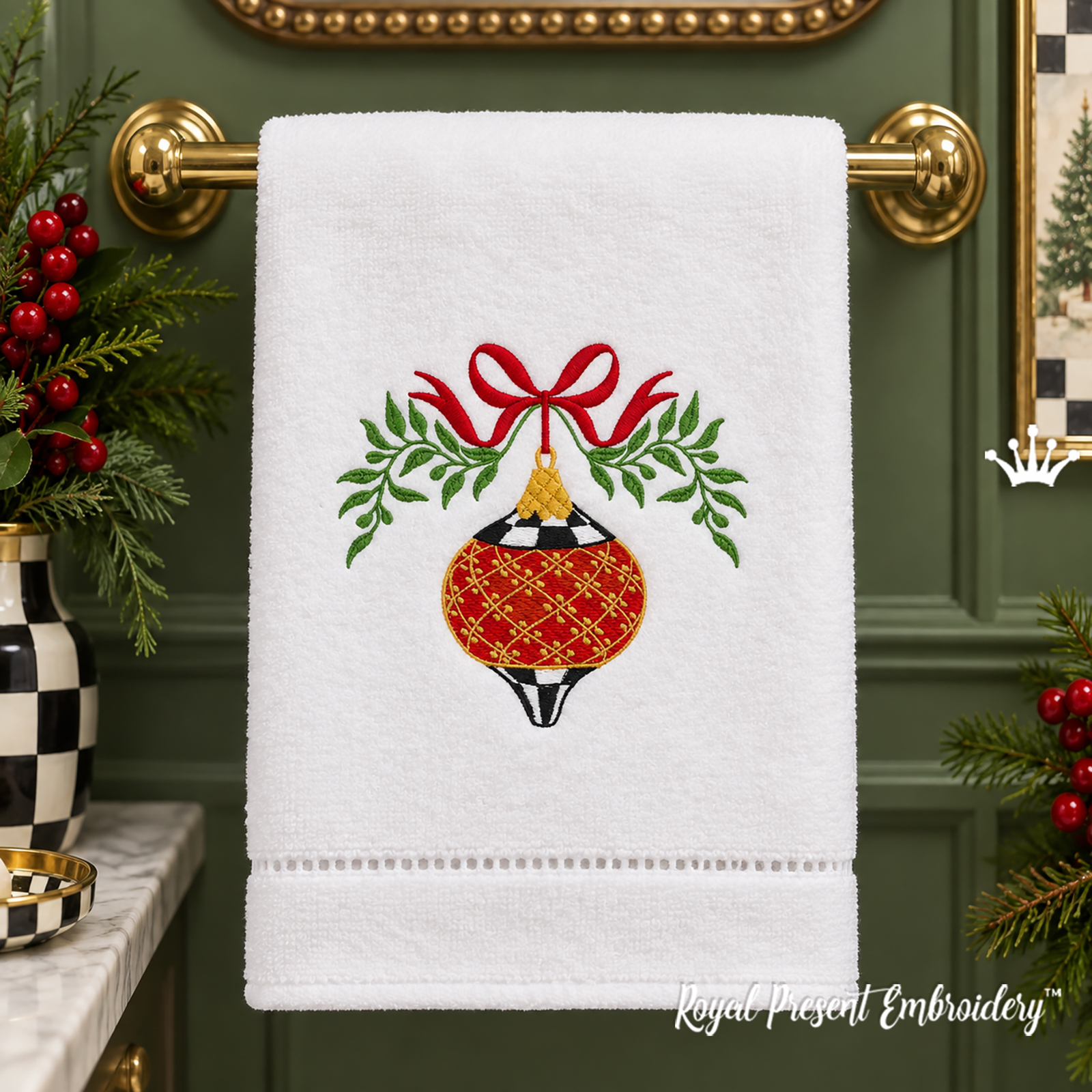 Checked Christmas toy with a bow machine embroidery design