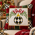 Large Checkered Christmas Ornament with Bow and Greenery Machine Embroidery Design – 4 Sizes