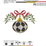 Large Checkered Christmas Ornament with Bow and Greenery Machine Embroidery Design – 4 Sizes