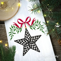 Checkered Christmas Star Ornament with Red Bow Machine Embroidery Design