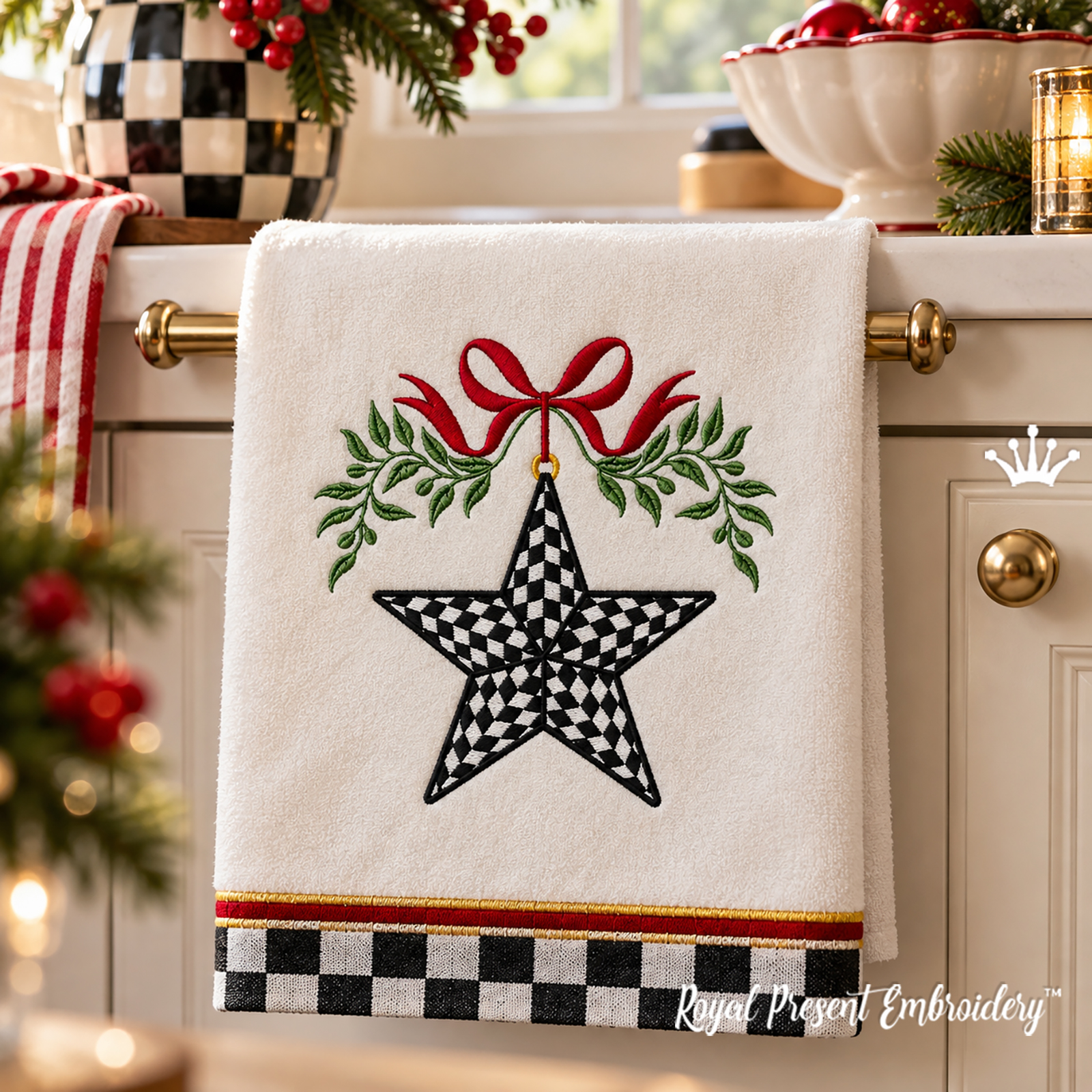 Checkered Christmas star with a bow machine embroidery design