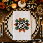 Checkered Pumpkin with Fall Leaves Machine Embroidery Design - 3 sizes