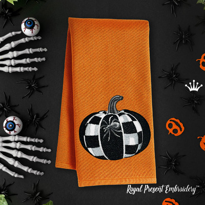 Checkered Pumpkin with Spider embroidery design