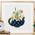 Checkered teapot with daffodils - 4 sizes