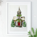 Christmas Church with red door - 4 sizes