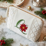 Christmas letter Q monogram with poinsettia and pine cones machine embroidery design