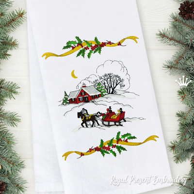 Victorian Christmas Carriage Scene and Holly Border