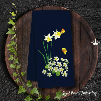Motif de broderie machine jonquilles et papillons - 3 tailles