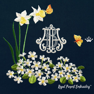Motif de broderie machine jonquilles avec papillons - 3 tailles