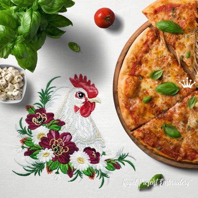 Poule dans un bosquet de fleurs Motif de broderie machine - 5 tailles