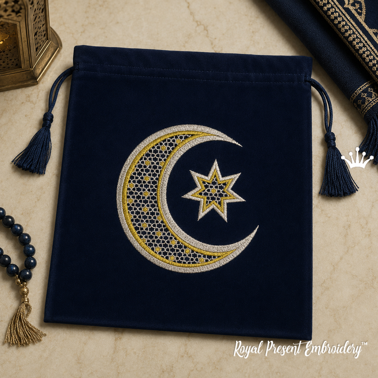 Islamic crescent moon and star machine embroidery design