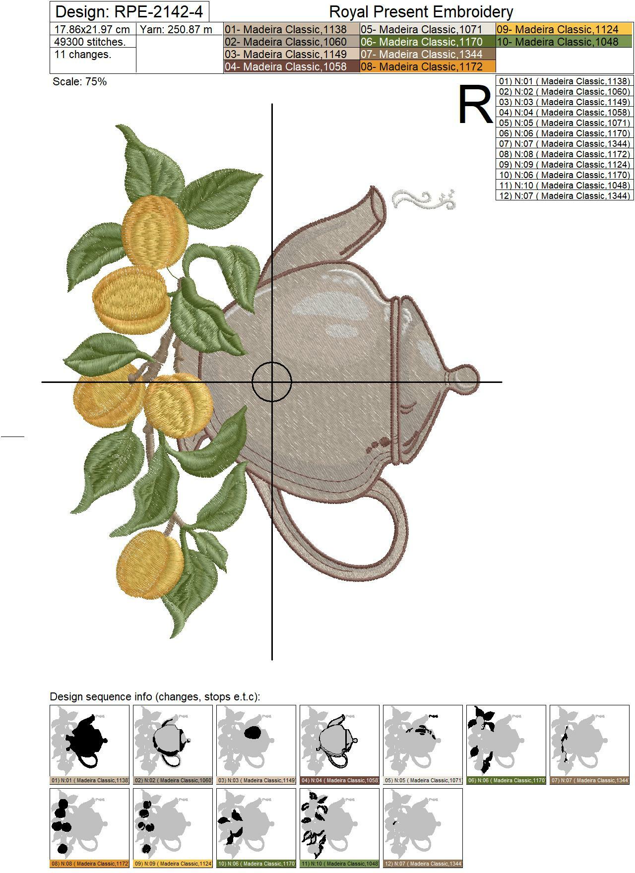 Kettle with Apricot Machine Embroidery Design - 4 sizes