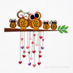 Motif de broderie mécanique « Adorable famille de chouettes sur un arbre » pour coussin