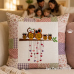 Motif de broderie mécanique « Adorable famille de chouettes sur un arbre » pour coussin