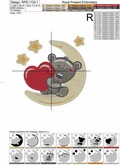 Cute Teddy Bear with heart on the moon Machine Embroidery Design - 2 sizes