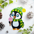 Cute penguin with hat and scarf eats an ice cream Machine Embroidery Design