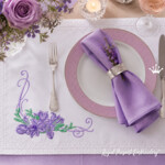 Purple freesia corner machine embroidery design for table linens and napkins