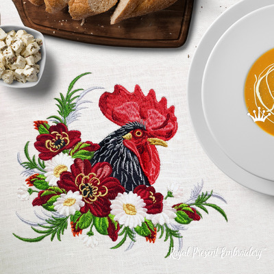 Coq dans un bosquet de fleurs Motif de broderie machine - 5 tailles