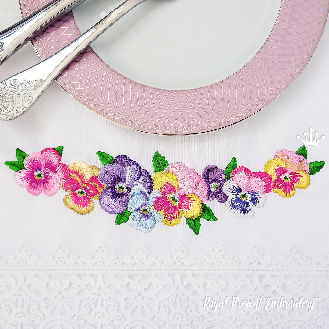 Romantic Pansies Floral Border Machine embroidery design - 2 sizes