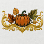 Fall Pumpkin Baroque Border with Golden Scrolls and Leaves Machine Embroidery Design - 5 Sizes