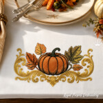 Fall Pumpkin Baroque Border with Golden Scrolls and Leaves Machine Embroidery Design - 5 Sizes