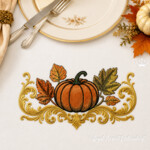 Bordure baroque d’automne avec citrouille, rinceaux dorés et feuilles – Motif de broderie machine, 5 tailles