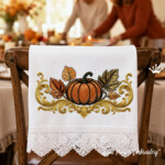 Fall Pumpkin Baroque Border with Golden Scrolls and Leaves Machine Embroidery Design - 5 Sizes