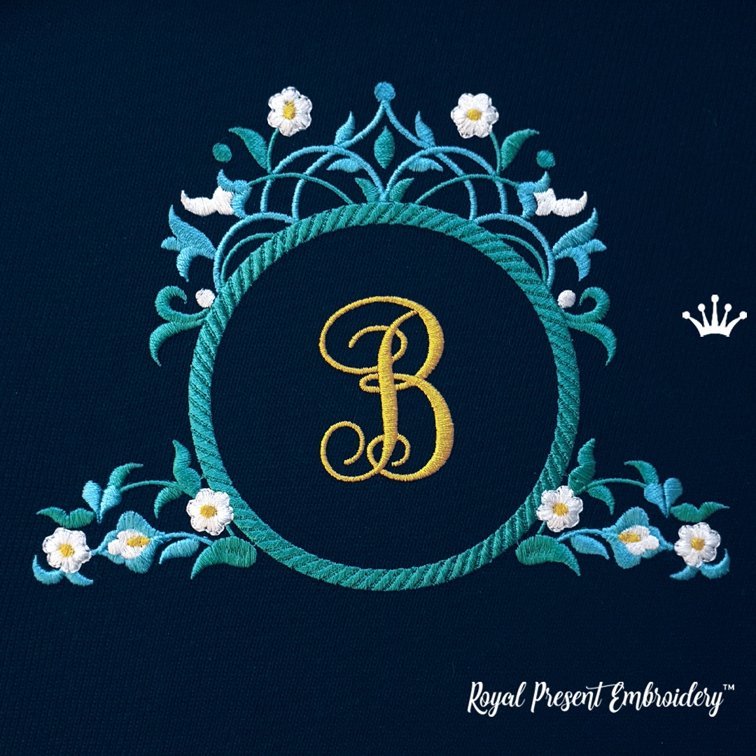 Traditional Arabic floral monogram frame machine embroidery design