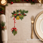 Vintage Mistletoe with Holly Berry and Bell machine embroidery design - 2 sizes