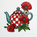 Red checkered teapot with poppies - 4 sizes