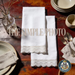 Linen napkin mockup with french lace rustic kitchen table SET