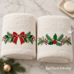 Two coordinated Christmas borders: a bow with pine and berries, plus a holly sprig. For towels, napkins, and festive home textiles.